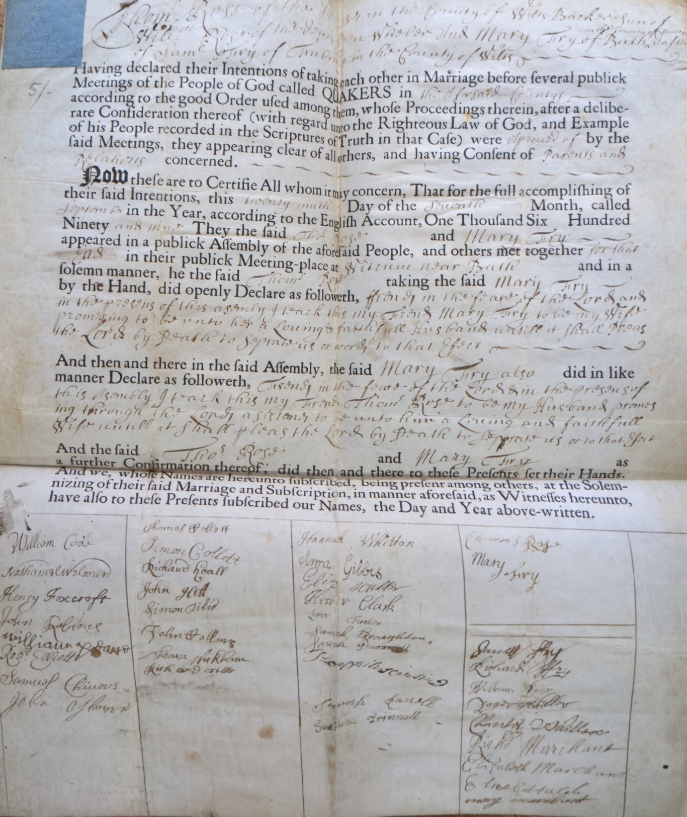 A 1699 Quaker marriage certificate – Bath Quakers